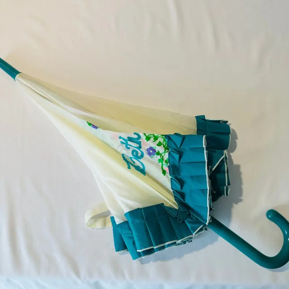 Vintage 'Beth' Dalmatian Custom Painted Blue Ruffle Trim Umbrella